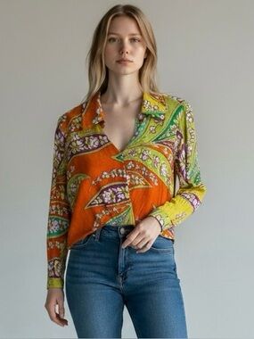 Haute Hippie Festival-Ready Multi-color Paisley Button Cropped Women’s XS Shirt